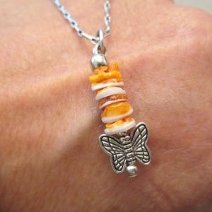 Silver BUTTERFLY Necklace w/Orange Spiny Oyster